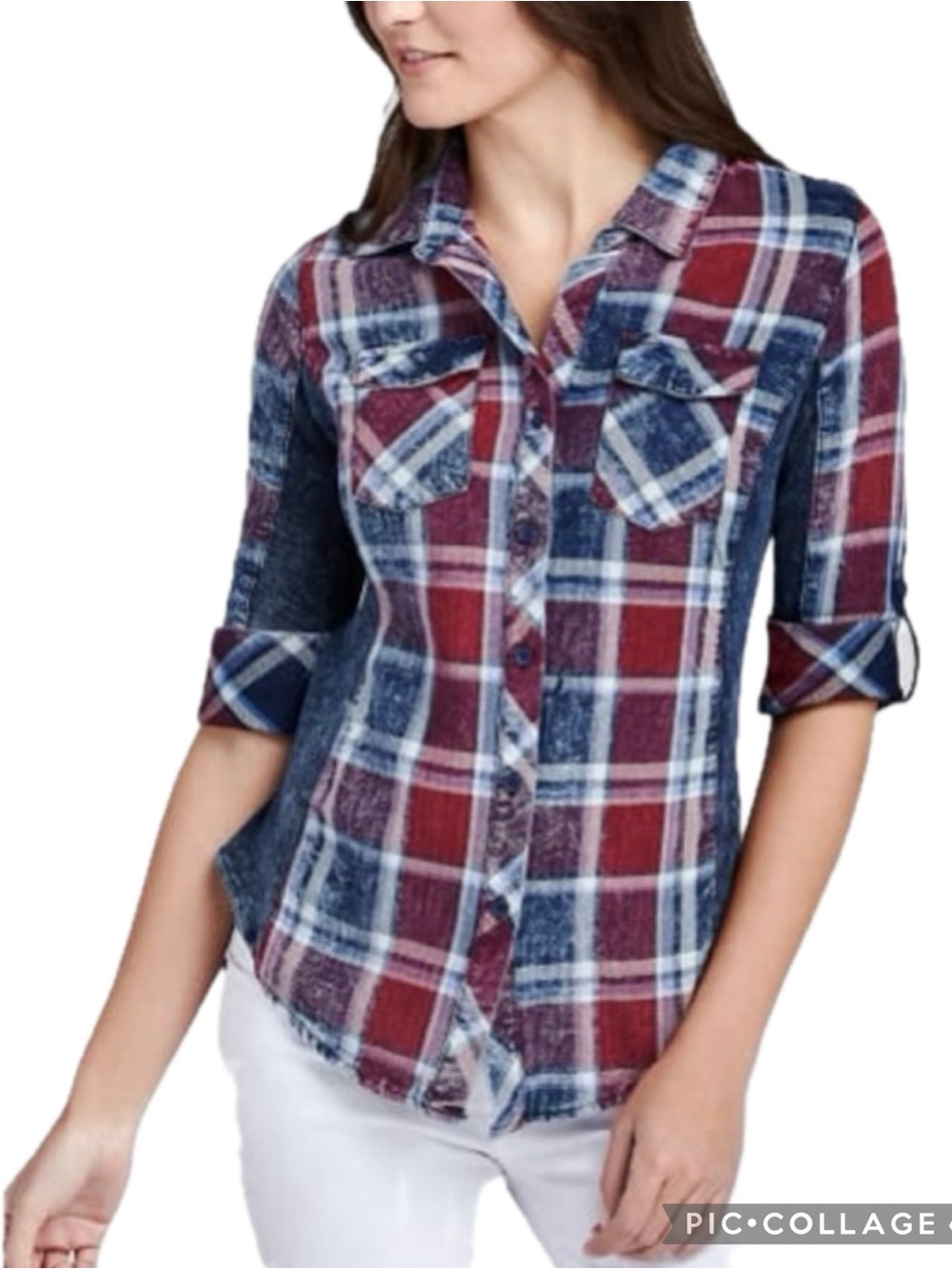 Ci Sono Plaid Collection Penelope Washed Chambray Ribbed Cage Button Down Shirt